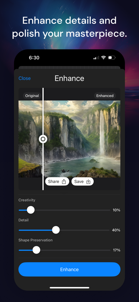 Muse Pro - Muse Pro AI enhancement tool showing a before and after comparison of a landscape illustration.