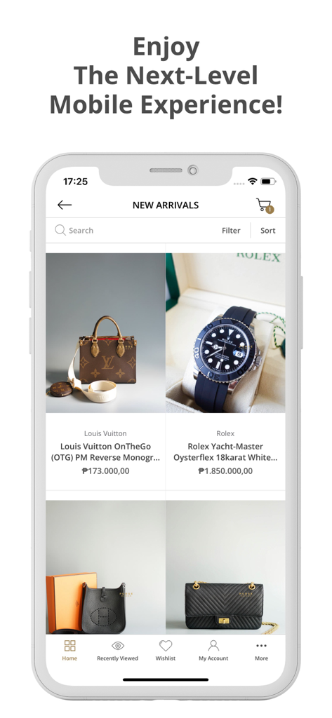 Purse Maison mobile app screen showing new arrivals of authentic designer handbags and luxury watches