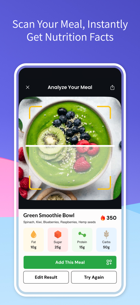 AI Calorie Tracker - Food Scan - AI food scanner app displaying calories and macros for a smoothie bowl