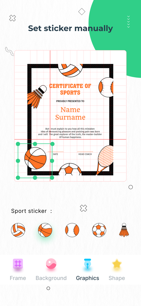 Editing a sports certificate with a basketball sticker in the e-Certificate Maker app
