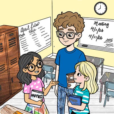 one girl with eye glasses one girl with mid length hair with a tall boy with curly hair and eye glasses at school