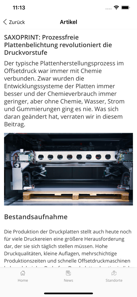 Un artículo de noticias sobre las innovaciones de impresión de SAXOPRINT que se muestra dentro de la aplicación de comunicaciones corporativas CARL.