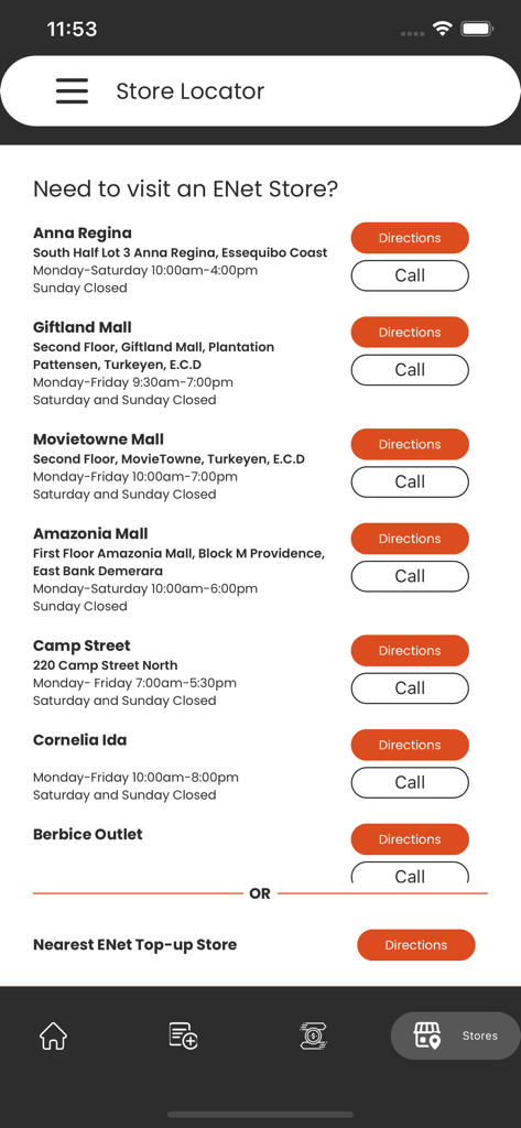 My ENet - My ENet app store locator screen showing a list of physical store locations in Guyana with directions and contact buttons.