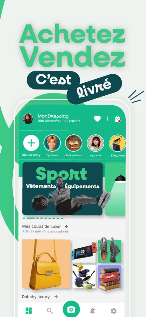 Dabchy mobile app interface showing social marketplace features for buying and selling fashion and lifestyle items