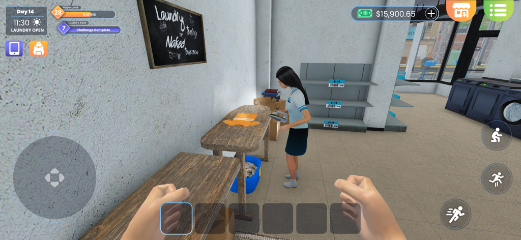 First person gameplay view of a staff member ironing clothes in Laundry Store Simulator