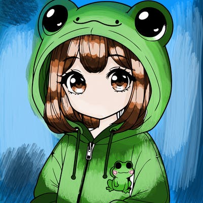 cute realistic girl in a froggy hoodie