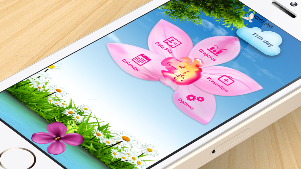 iGyno - iGyno mobile app home screen featuring a pink flower with menu icons for calendar and health data