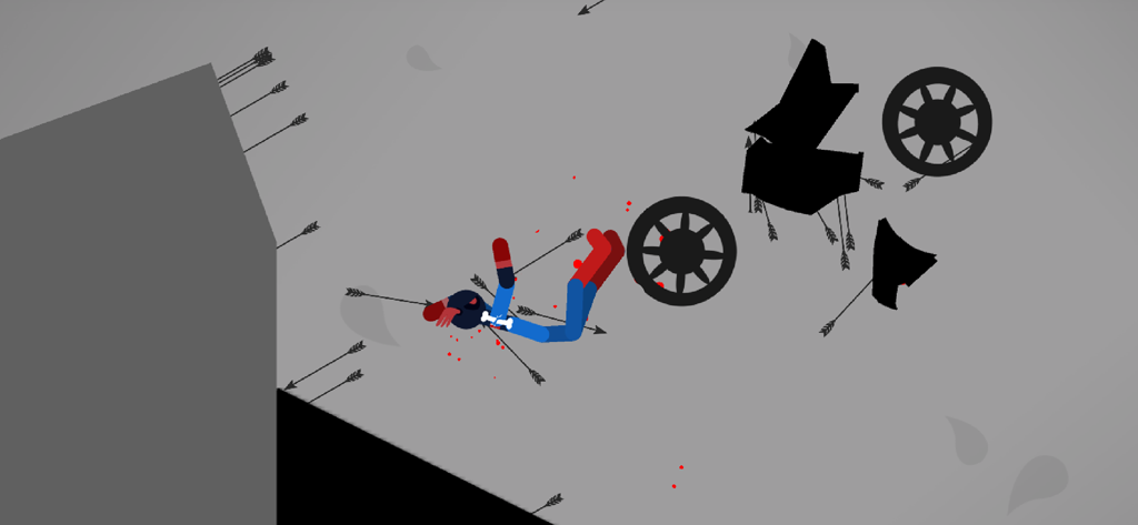 물리 시뮬레이션 게임에서 날아가는 화살과 함께 차량 충돌 중 공중에 있는 스틱맨 래그돌 캐릭터