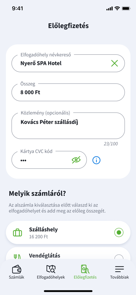 OTP SZÉP kártya - OTP SZEP card mobile app advance payment screen for hotel booking
