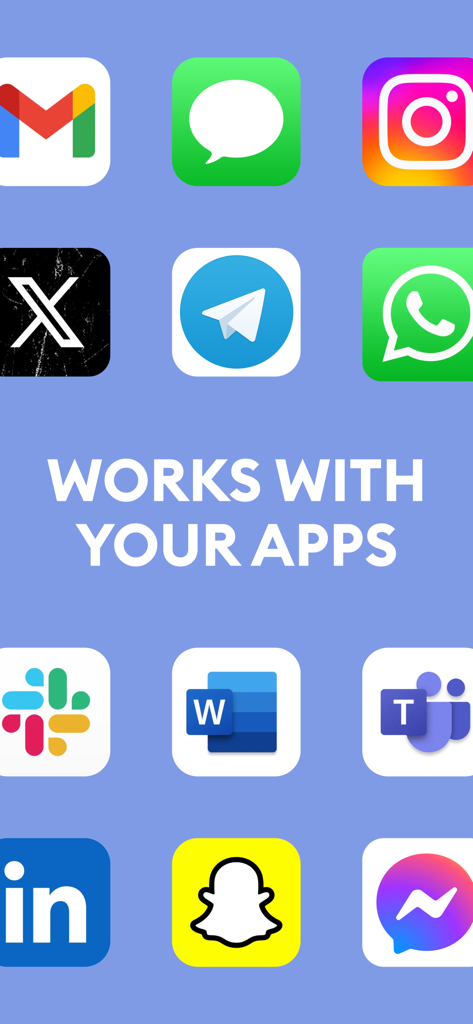 Grille d'icônes d'applications populaires, y compris Gmail, Slack et Instagram, avec le texte indiquant qu'AiText fonctionne avec vos applications.