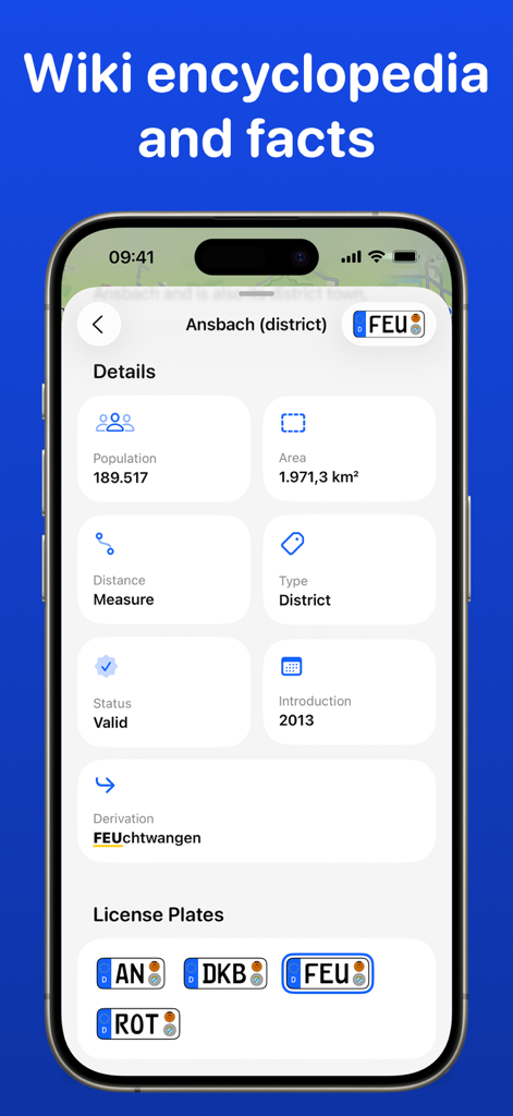 License Plate Wiki & Collect - Interface de l'application mobile montrant des faits régionaux détaillés et des statistiques de population pour un district de plaques d'immatriculation allemand