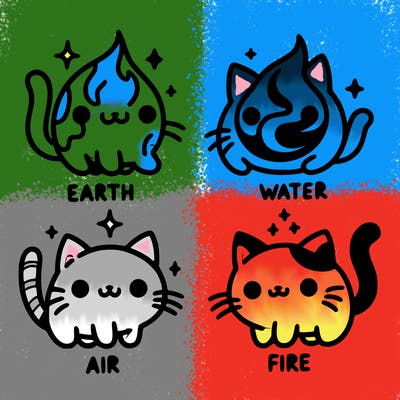 4 cats that represent the different elements, earth, water, air, and fire