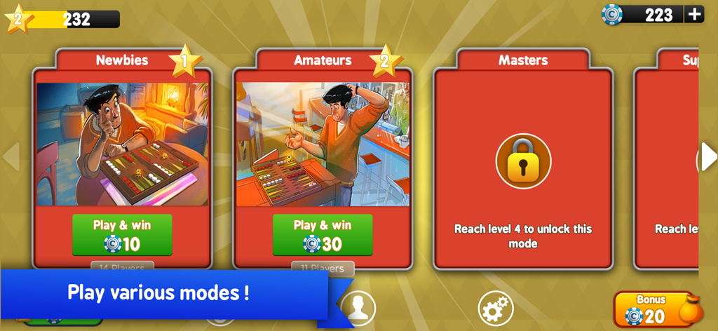 Backgammon Arena - Dice Tavla - Backgammon Arena game modes screen showing different levels from Newbies to Masters