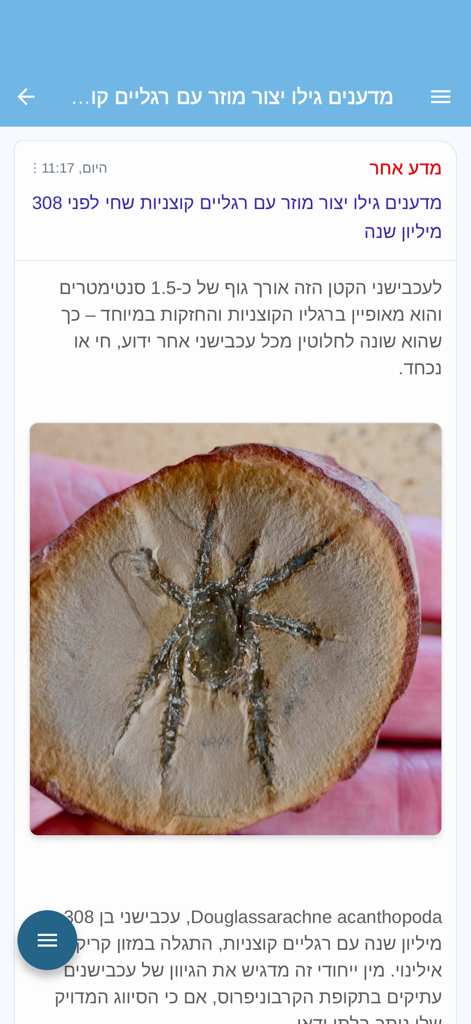 Rotter.net - A Hebrew news article about a prehistoric fossil on the Rotter.net mobile app interface