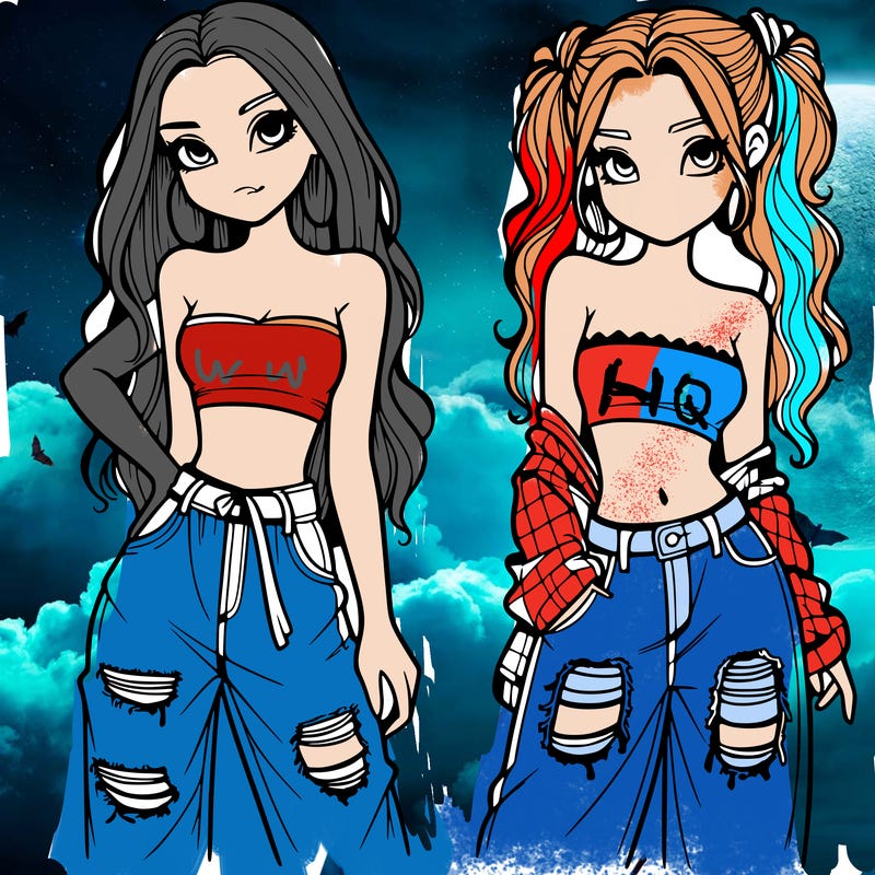 2 girls in crop tops and baggy jeans ripped