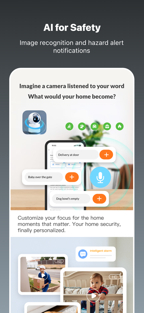 Tuya Smart Life app interface demonstrating AI home security and hazard notifications