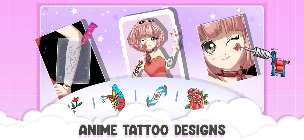 Anime Chibi Dolls Girl Games - Un menú que muestra diferentes diseños de tatuajes de anime y el proceso de aplicarlos a un personaje de muñeca chibi.