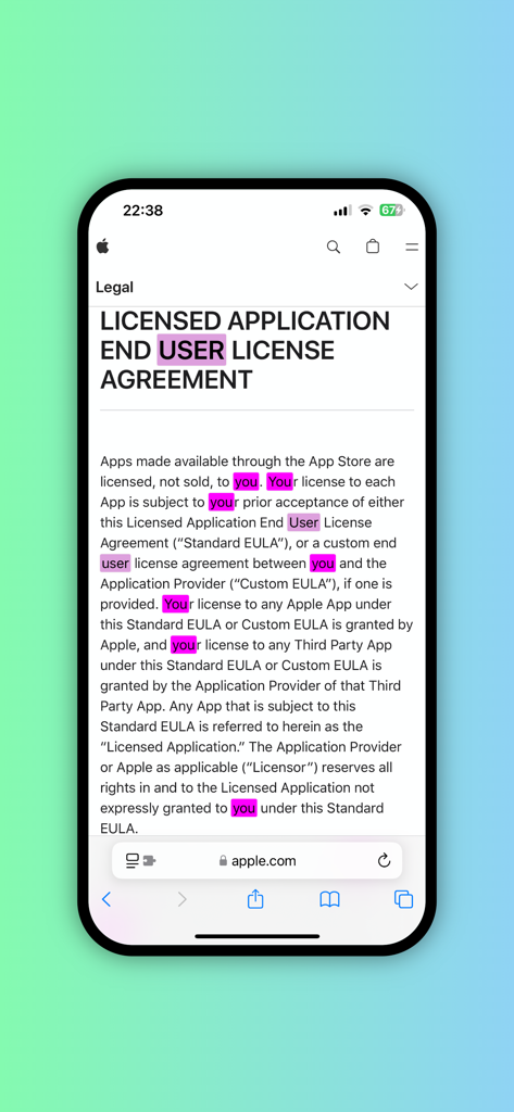 Una pantalla de iPhone que muestra la extensión de Safari Resaltador de Palabras Clave resaltando palabras específicas en un documento legal