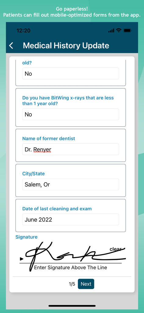eClipboard 24 - A digital medical history update form on a mobile device featuring questions and a digital signature section