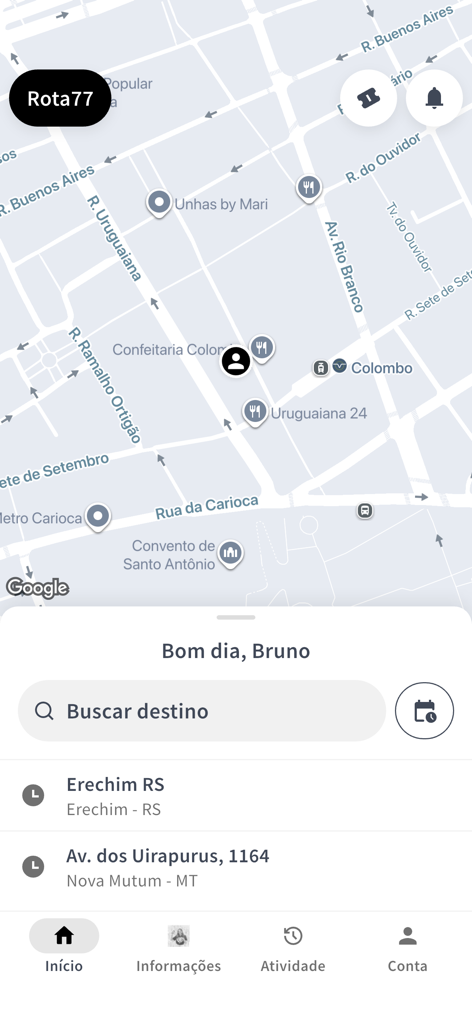 Tela inicial do aplicativo Rota77 mostrando navegação de mapa e pesquisa de destino.