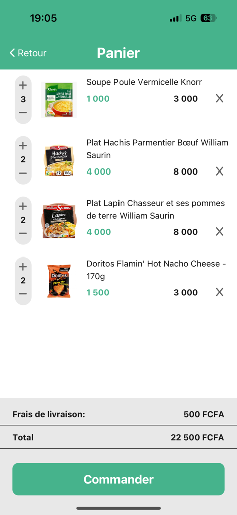 Bring Me Sénégal - Shopping cart interface of the Bring Me Sénégal app showing selected food items and total order cost in FCFA.