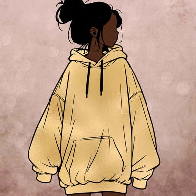 realistic girl with a oversized sweatshirt on and a bun
