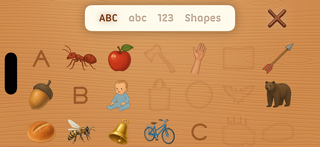 iTrace for Schools - Tela de seleção para letras maiúsculas e objetos no aplicativo de escrita iTrace para Escolas com fundo de madeira.