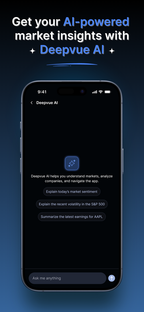Deepvue‎ - Deepvue AI interface showing a chat assistant for stock market sentiment and company earnings analysis