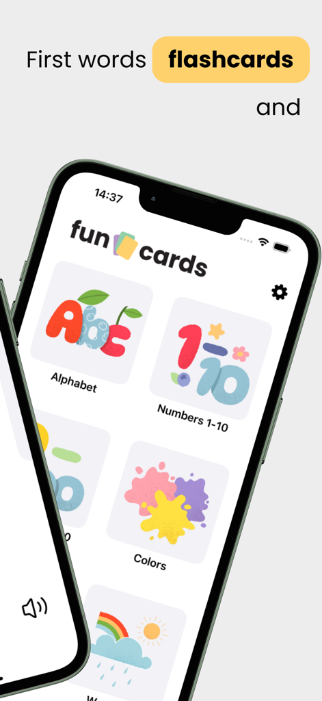 FunCards- first English words! - Interface do aplicativo FunCards mostrando categorias de flashcards educacionais para crianças, incluindo alfabeto, números e cores