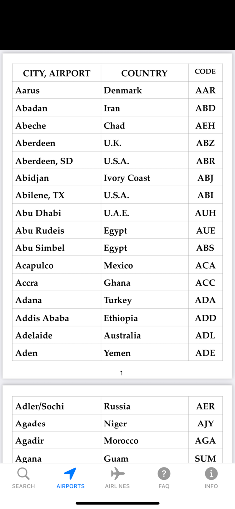 iFlyZED - A list of cities and international airports with their respective countries and IATA codes within the iFlyZED app.