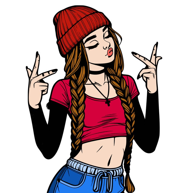 realistic teenage girl with braids and a beanie and crop top doing 🫶🏼