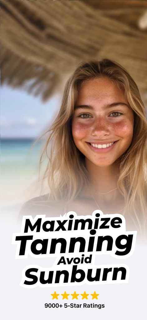 A smiling young woman on a beach with text highlighting maximizing tanning and avoiding sunburn