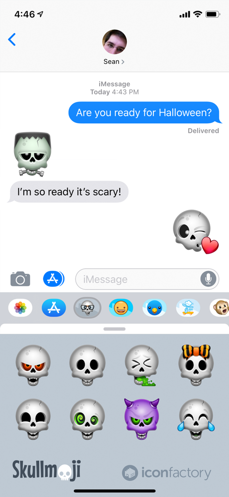 Iconfactory Skullmoji Stickers - Skull emoji stickers being used in an iMessage chat conversation