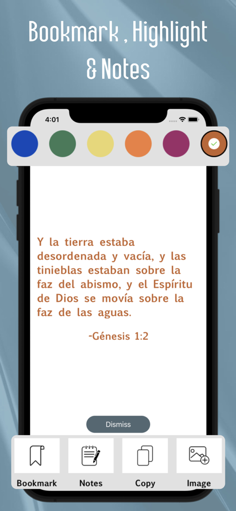 Interfaz de la aplicación Reina Valera 1960 Bible mostrando un versículo resaltado en español de Génesis con herramientas para marcadores, notas y resaltado de color.