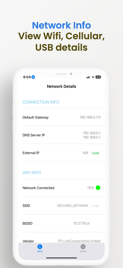 Network details screen showing WiFi and connection information.