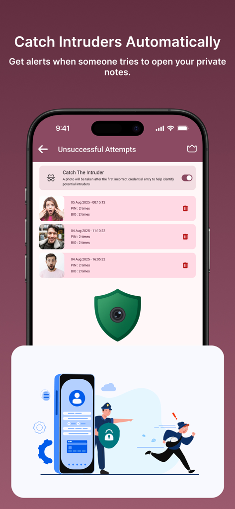 Daynote app interface showing the intruder alert feature with photos of unsuccessful access attempts.