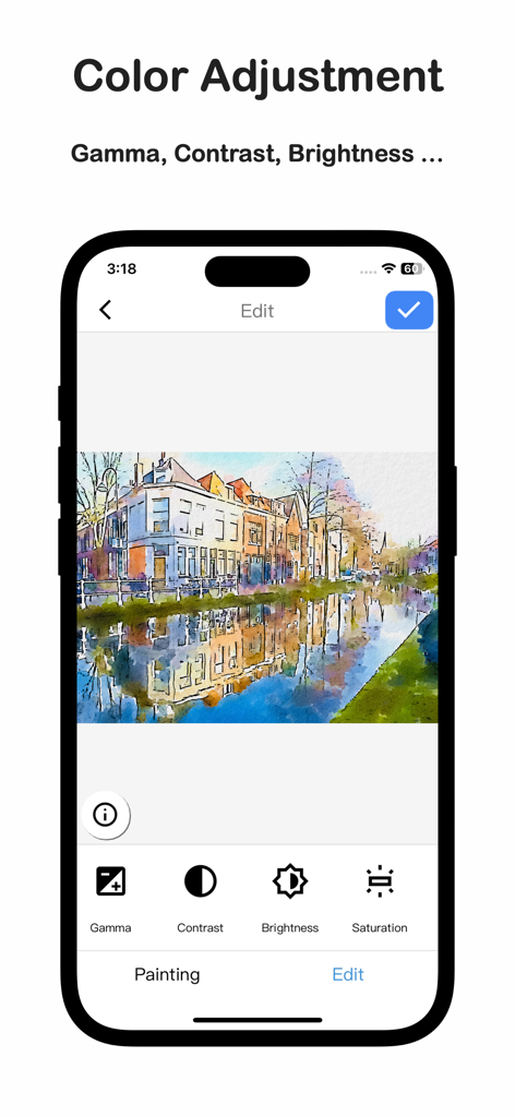 Pantalla de iPhone mostrando la interfaz de la aplicación Qnipaint con controles de ajuste de color y una pintura de acuarela de una escena de canal.