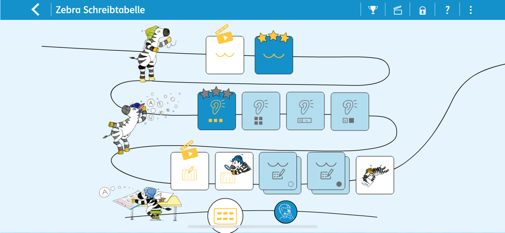 Caminho de aprendizado interativo com uma mascote de zebra em um aplicativo de alfabetização em alemão para crianças.