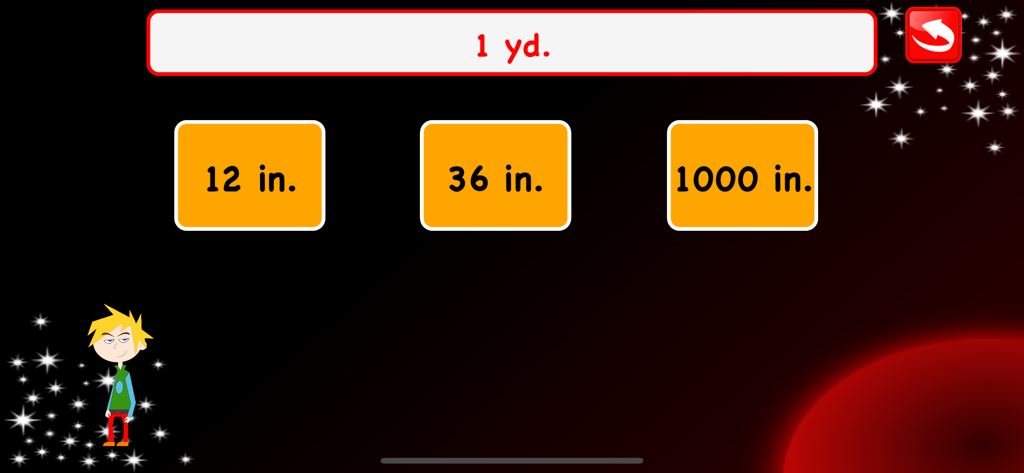Fourth Grade Math Games Kids - A math game screen for fourth grade students showing a conversion question from yards to inches with multiple choice answers