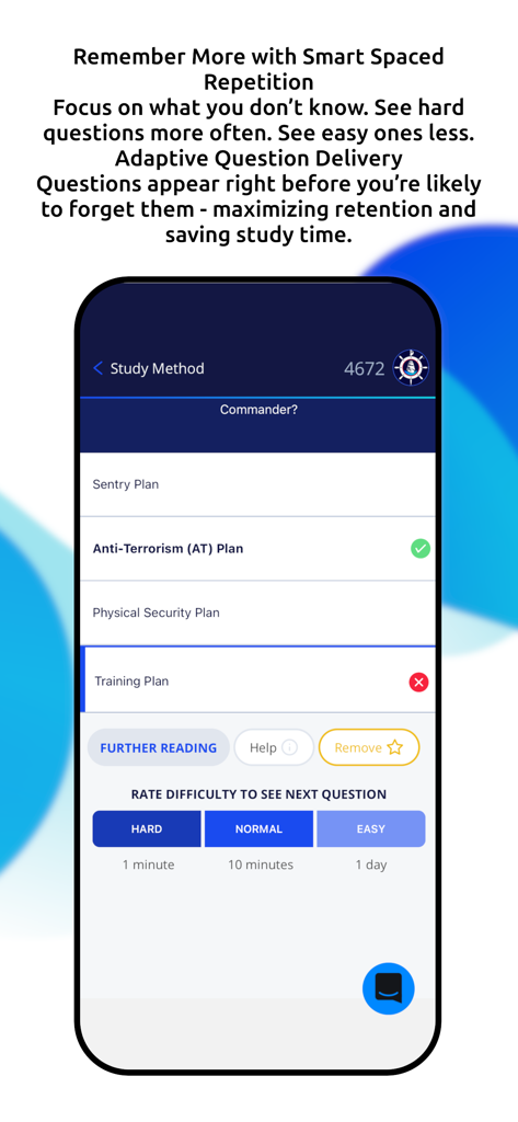 Bluejacketeer - Bluejacketeer app interface showing a multiple choice question with spaced repetition difficulty rating buttons