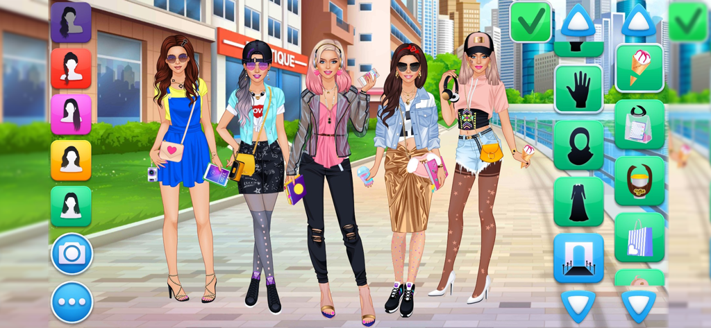 College Girl Team Makeover - Cinq filles stylées se tenant ensemble dans un jeu d'habillage de relooking de collège