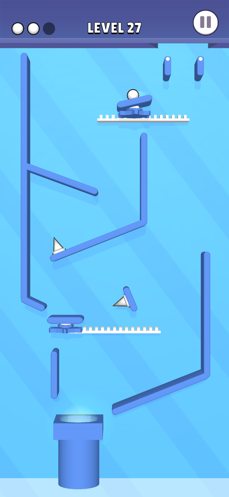 Balls Factory! - Gameplay screenshot of Balls Factory showing a white ball navigating a blue physics based maze with spikes