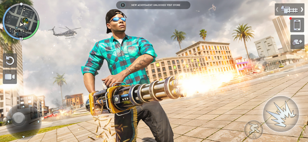 Street Rebel: Open World Game - A character in Street Rebel firing a large minigun in an open world city setting with a helicopter and palm trees