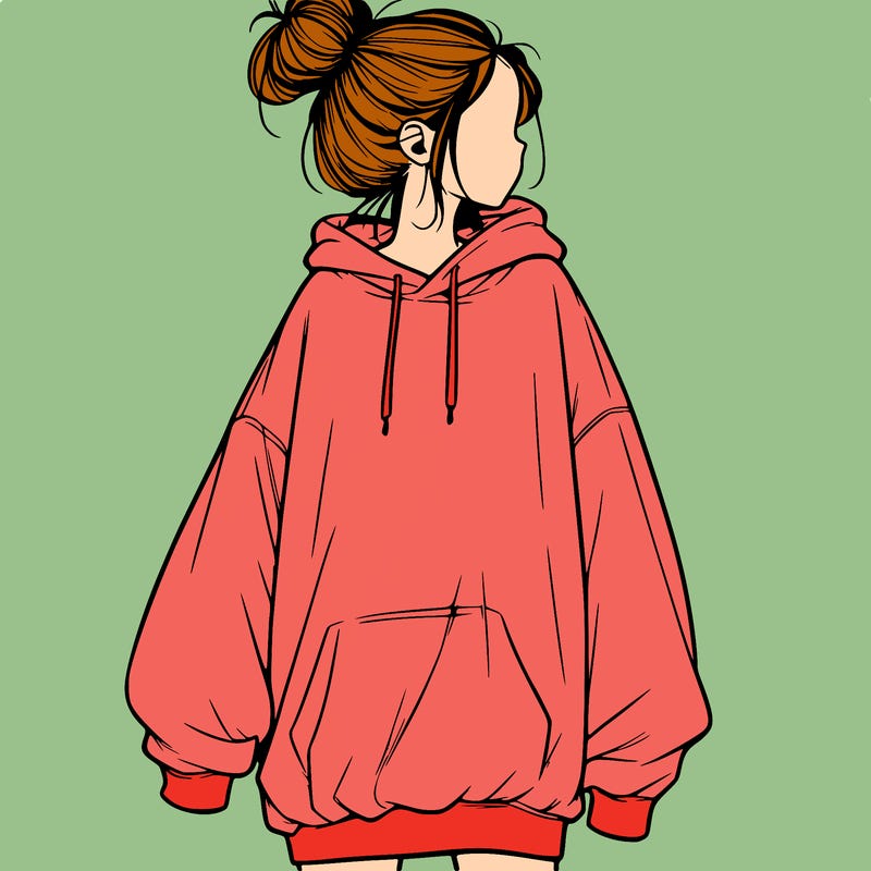 realistic girl with a oversized sweatshirt on and a bun