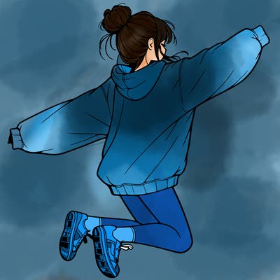 realistic girl jumping with a bun and oversized sweatshirt