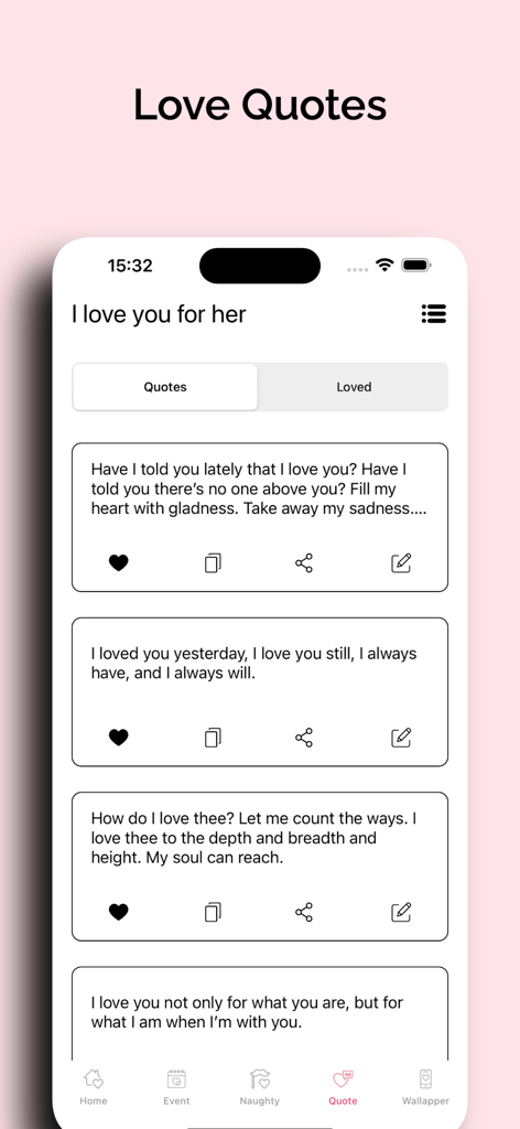 My Love - Couple Naughty Game - A mobile screen showing a list of romantic love quotes for couples.