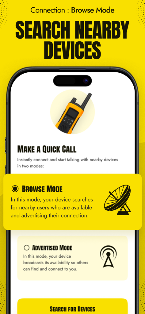 Walkie Talkie Offline - Smartphone mostrando la interfaz del modo de exploración para buscar dispositivos cercanos en la aplicación Walkie Talkie Offline.