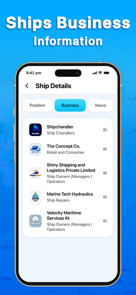 Ship Tracker - Marine Radar - La pantalla de información comercial en la aplicación Ship Tracker que enumera proveedores de servicios marítimos y propietarios