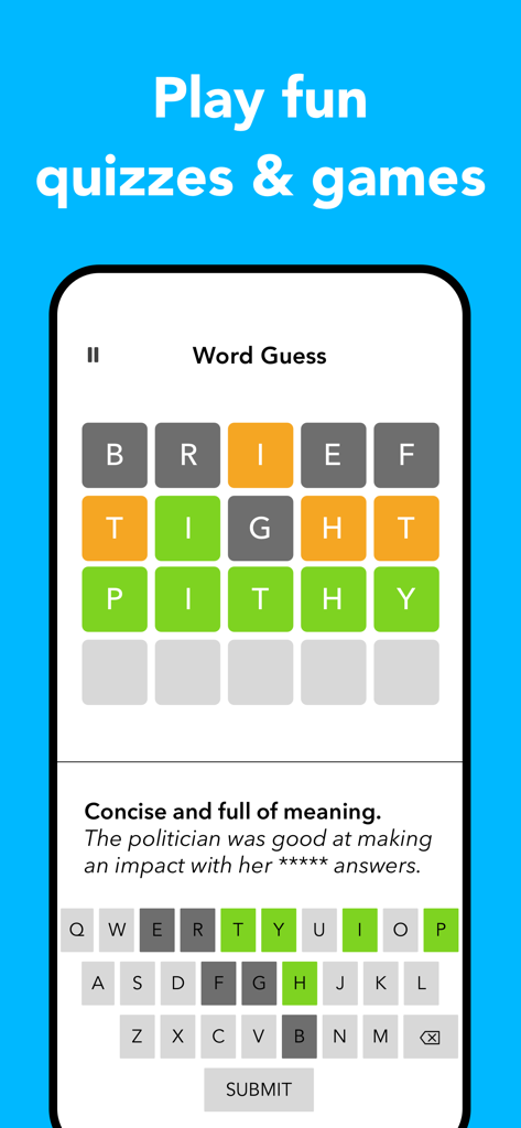 WordPal app interface showing a word guessing game with the word pithy