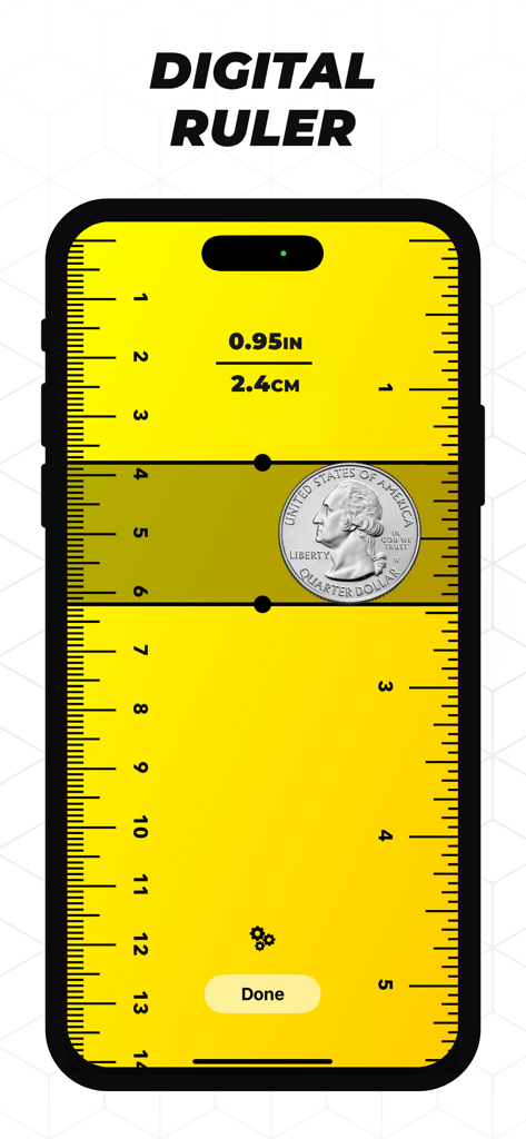 iPhone screen showing a digital ruler tool measuring a US quarter coin with metric and imperial units